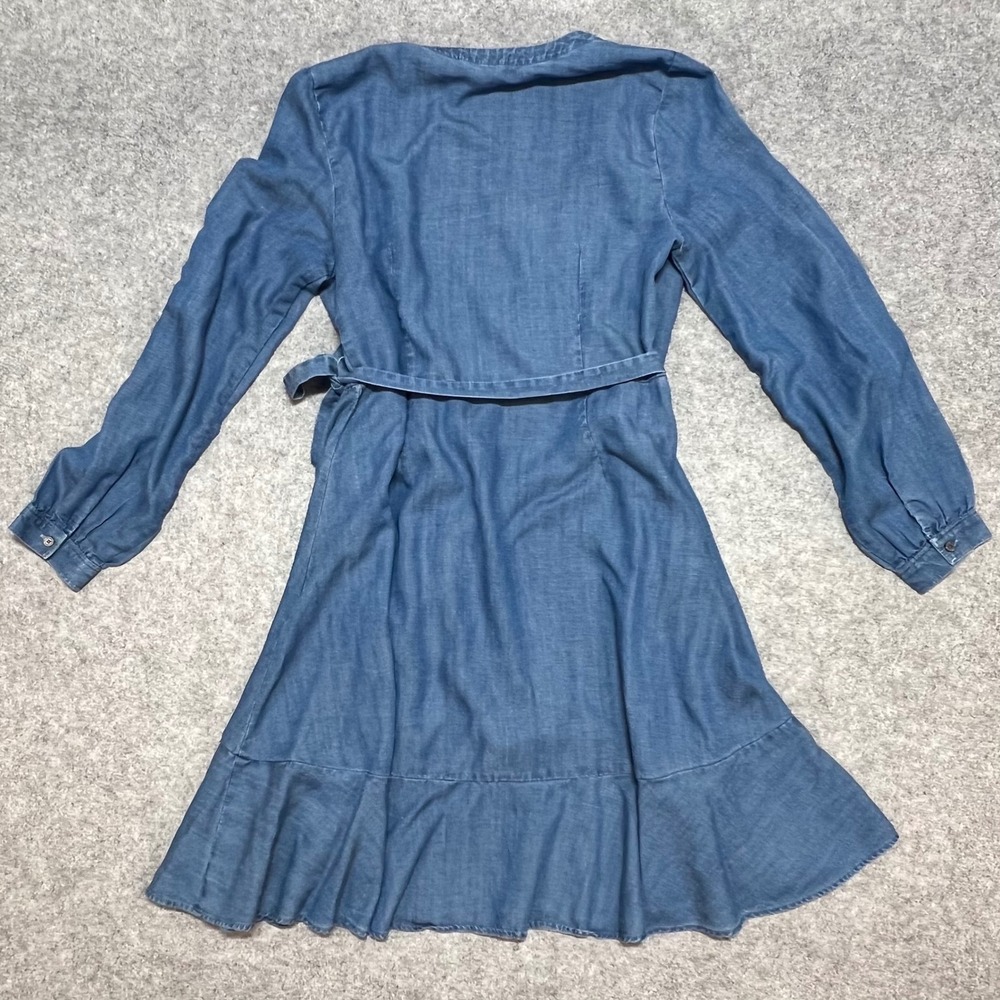 LOFT Blue Chambray Lyocell Linen Blend Ruffle Wrap Dress Size 8 Long Sleeve - Picture 3 of 8
